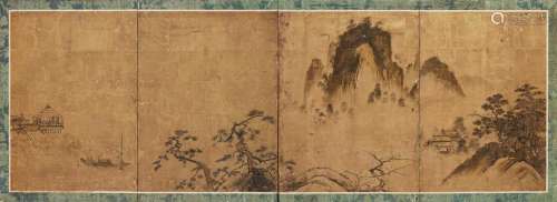 A Four-Panel Floor Screen Height of image 21 5/8 x width 62 ...