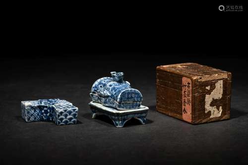 Three Japanese Blue and White Porcelain Scholar's Objec...