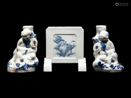 Three Japanese Blue and White Porcelain Scholar's Objec...