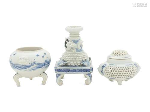 Three Japanese Blue and White Porcelain Scholar's Objec...