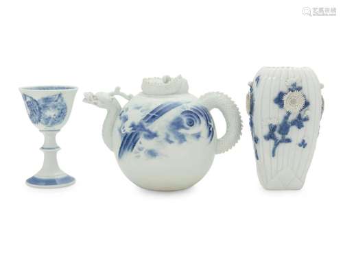 Three Japanese Blue and White Porcelain Wares Height of larg...