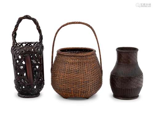 Three Japanese Ikebana Bamboo Flower Arranging Baskets Heigh...