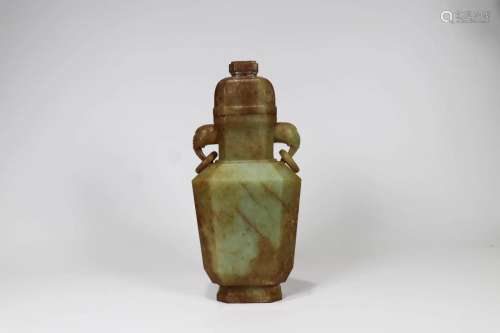 Carved Russet and Brownish Jade Double-Eared Vase