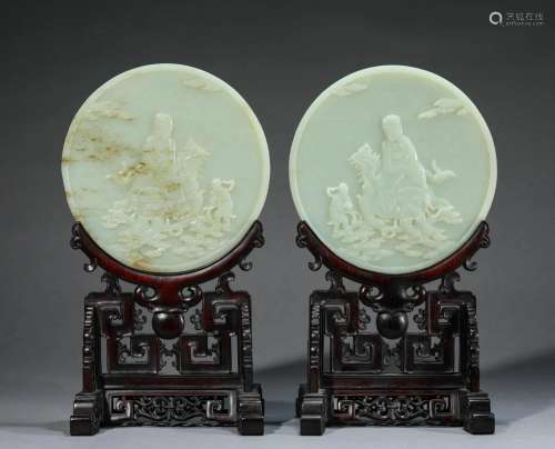 Pair of Chinese White Jade 17 Arhats Table Screens