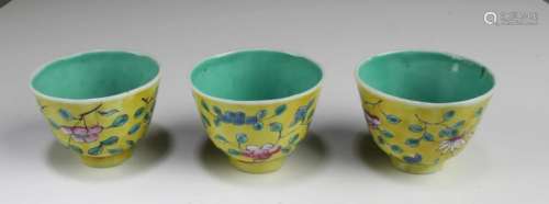 Three Famille Jaune Porcelain Cups Three Famille Jaune Porce...
