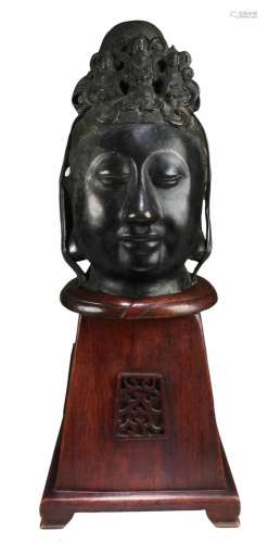 Antique Bronze Guanyin Head, Ming Dynasty Antique Bronze Gua...