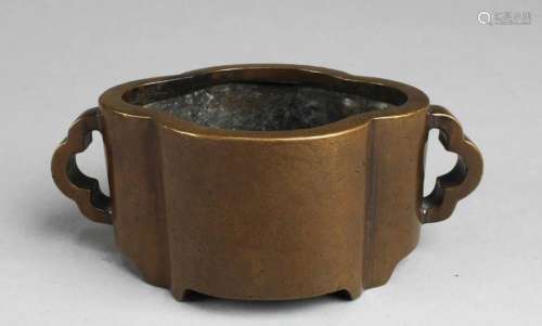 Chinese Bronze Censer Chinese Bronze Censer, flanked by twin...