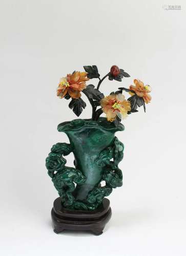 Antique Chinese Carved Malikite Vase with Agate Fl An intric...