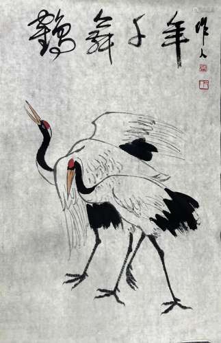 Wu Zuoren, Chinese Crane Painting On Paper