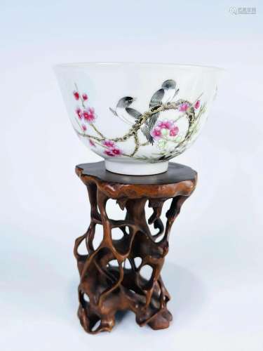 Famille Rose Prunus Bowl and Stand