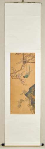 LIAO JIAHUI, CHINESE FLOWER AND BIRD PAINTING SILK SCROLL