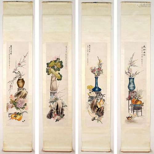 KONG XIAOYU, FOUR CHINESE FURNISHINGS PAINTING PAPER SCROLLS