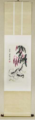 LOU SHIBAI, CHINESE SHRIMP PAINTING PAPER SCROLL