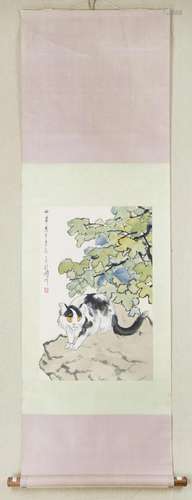 XU BEIHONG, CHINESE CAT PAINTING PAPER SCROLL