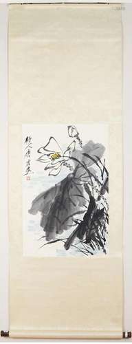 TANG YUN, CHINESE LOTUS PAINTING PAPER SCROLL