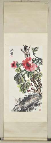 ZHI QIZHAN, CHINESE PEONY PAINTING PAPER SCROLL