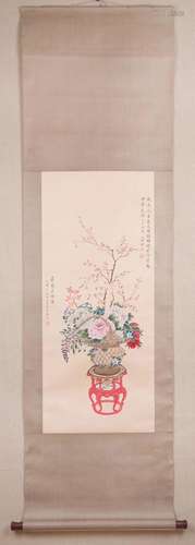 SONG MEILING, CHINESE PEONY PAINTING PAPER SCROLL