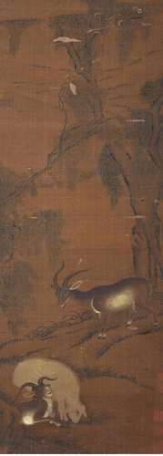 SHEN QUAN, CHINESE THREE RAMS PAINTING SILK