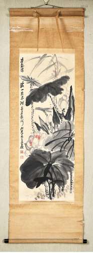 WU CHANGSHUO, CHINESE LOTUS PAINTING PAPER SCROLL