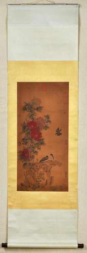 WANG MIAN, CHINESE FLOWER AND BIRD PAINTING SILK SCROLL