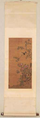 ZHAO CHANG, CHINESE FLOWER PAINTING SILK SCROLL