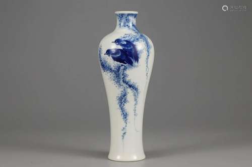 BLUE AND WHITE FLOWER AND BIRD VASE