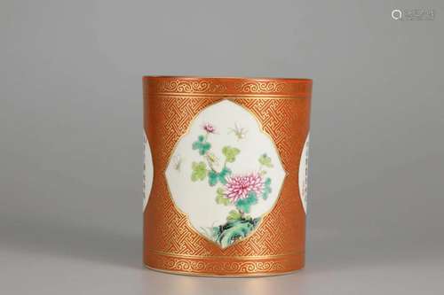 GILT DECO IRON-RED GLAZE FLOWER BRUSH POT