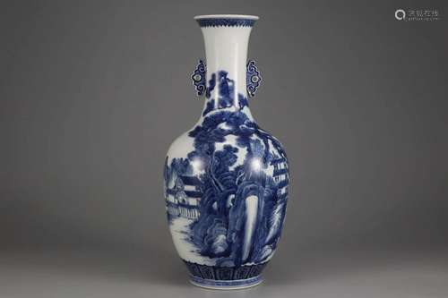 BLUE AND WHITE LANDSCAPE DOUBLE-EARED VASE