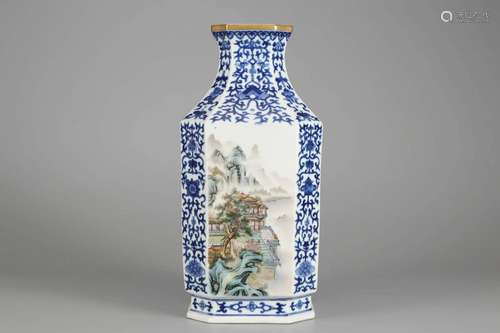 FAMILLE ROSE AND UNDERGLAZE BLUE LANDSCAPE OCTAGONAL VASE