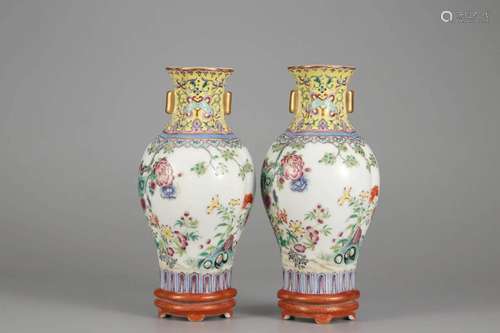 PAIR OF FAMILLE ROSE FLORAL VASES