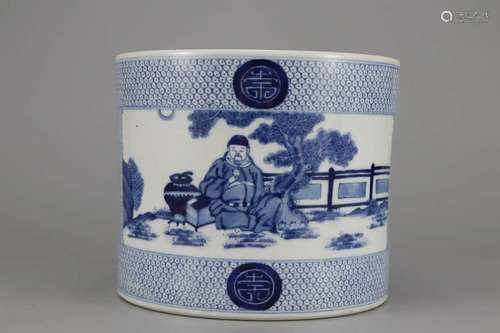 BLUE AND WHITE FIGURE BRUSH POT