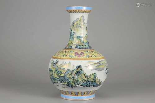 FAMILLE ROSE LANDSCAPE BOTTLE VASE