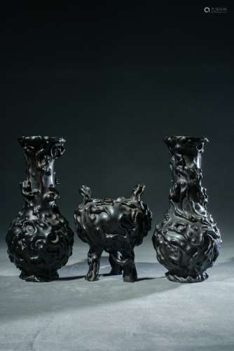 Group Of Three Qing Dynasty Zitan Rosewood Carving Furnace A...