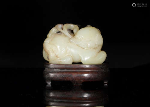 Chinese Jade Carved Beast with Hardwood Base, Ming