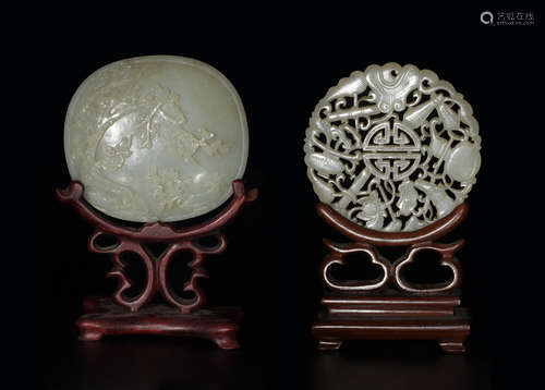 2 Chinese Jade Plaques with Wooden Stands, 18-19th