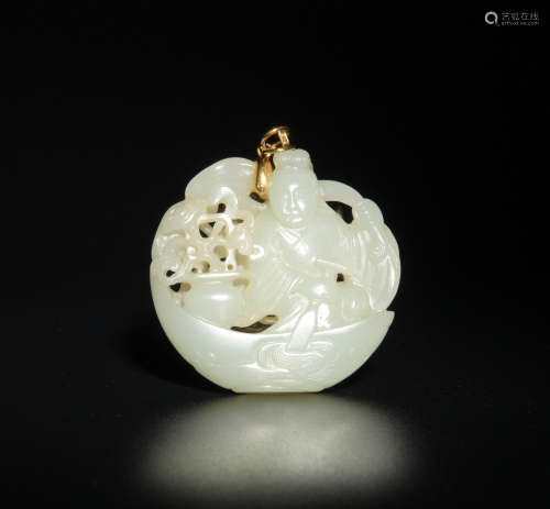 Chinese White Jade Carved Goddess on a Boat, 18th