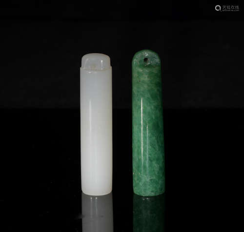 2 White Jade and Jadeite Headwear Tubes, 18/19th