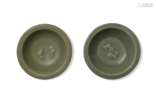 2 Chinese Longquan Celadon Double Fish Washers, Song