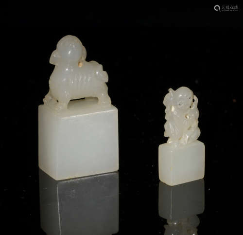 2 Chinese Carved White Jade Seals, 19th Century