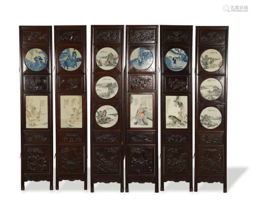 Chinese 6-Panel Wood Screen with Porcelain, Republic