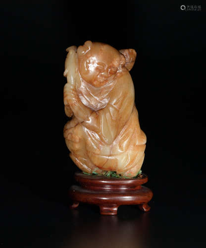 Chinese Jade Carved Boy with Hardwood Stand, Ming