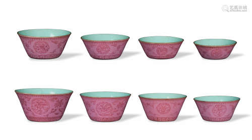 Set of 8 Chinese Pink Porcelain Cups, Qianlong