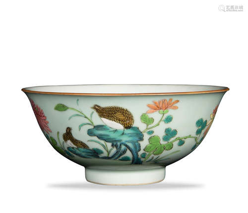 Chinese Celadon Famille Rose Quail Bowl, Qianlong