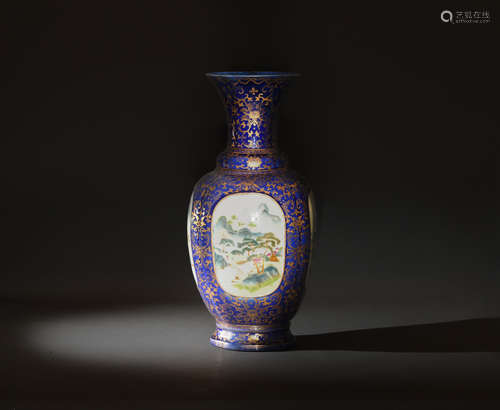 Chinese Gilt Blue Famille Rose Vase, Qianlong