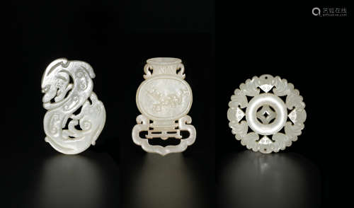 3 Chinese Reticulated White Jade Plaques, 18-19th