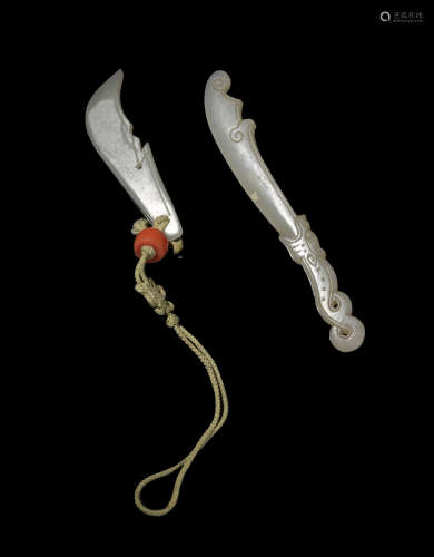 2 Chinese Knife-Shaped Jade Toggles, 19th Century