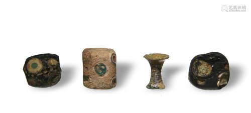 Four Chinese Glass Beads in a Box, Han Dynasty