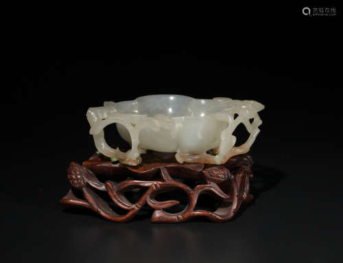 Chinese White Jade Cup with Hardwood Stand, Ming