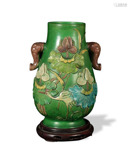 Chinese Carved Sancai Vase with Handles, 19th Century