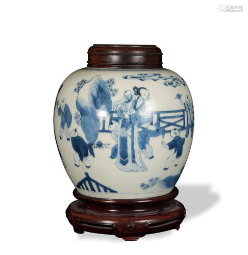 Chinese Blue and White Jar with Lid and Stand, Kangxi